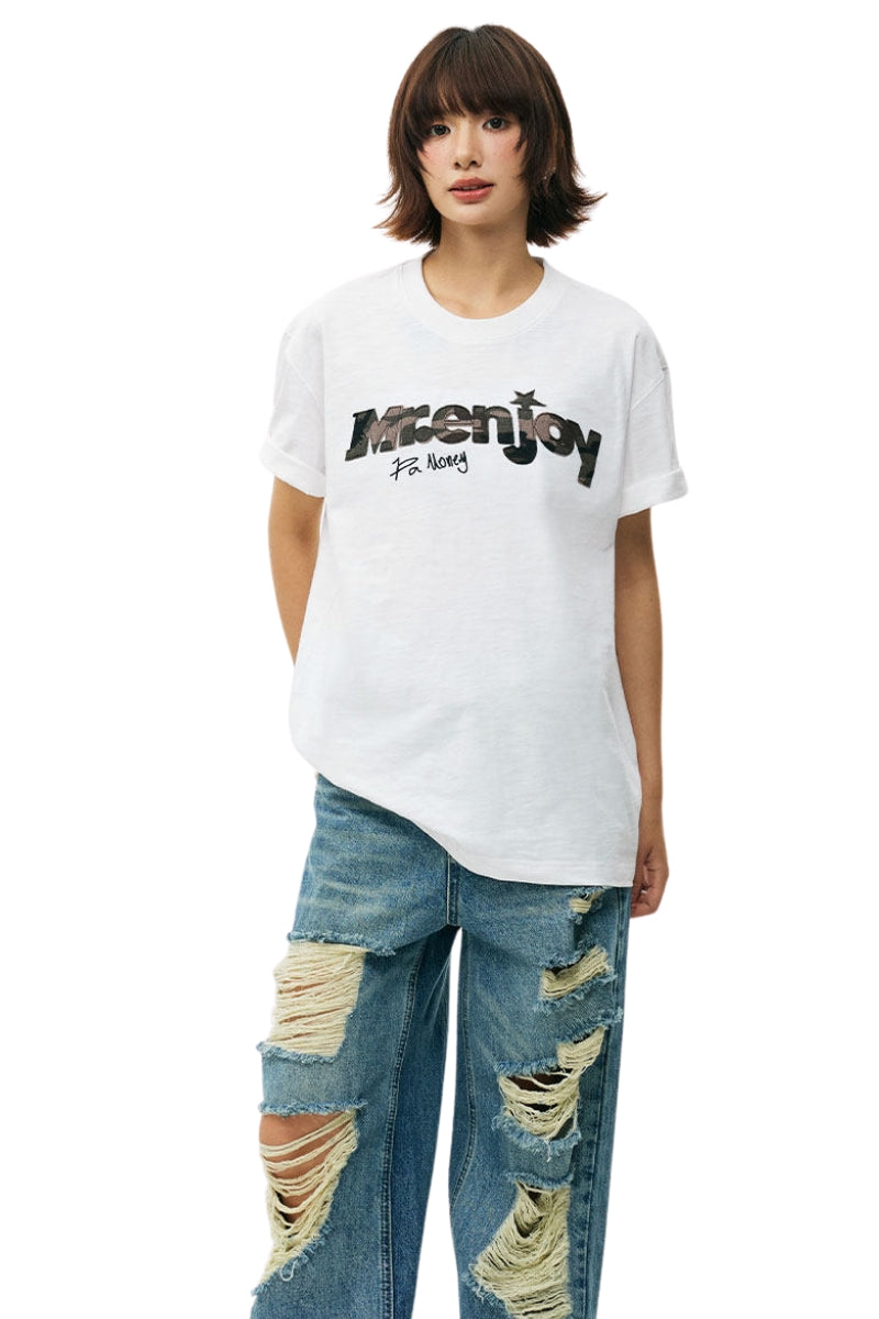 MEDM Camo Print Patch Embroidery Slub Cotton Crew Neck Tee
