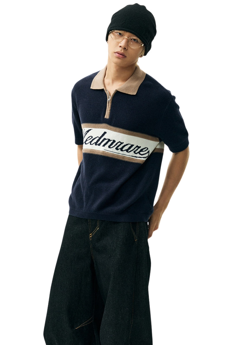 MEDM Contrast Zip Knit Rugby Polo Unisex Cotton Short Sleeve Tee