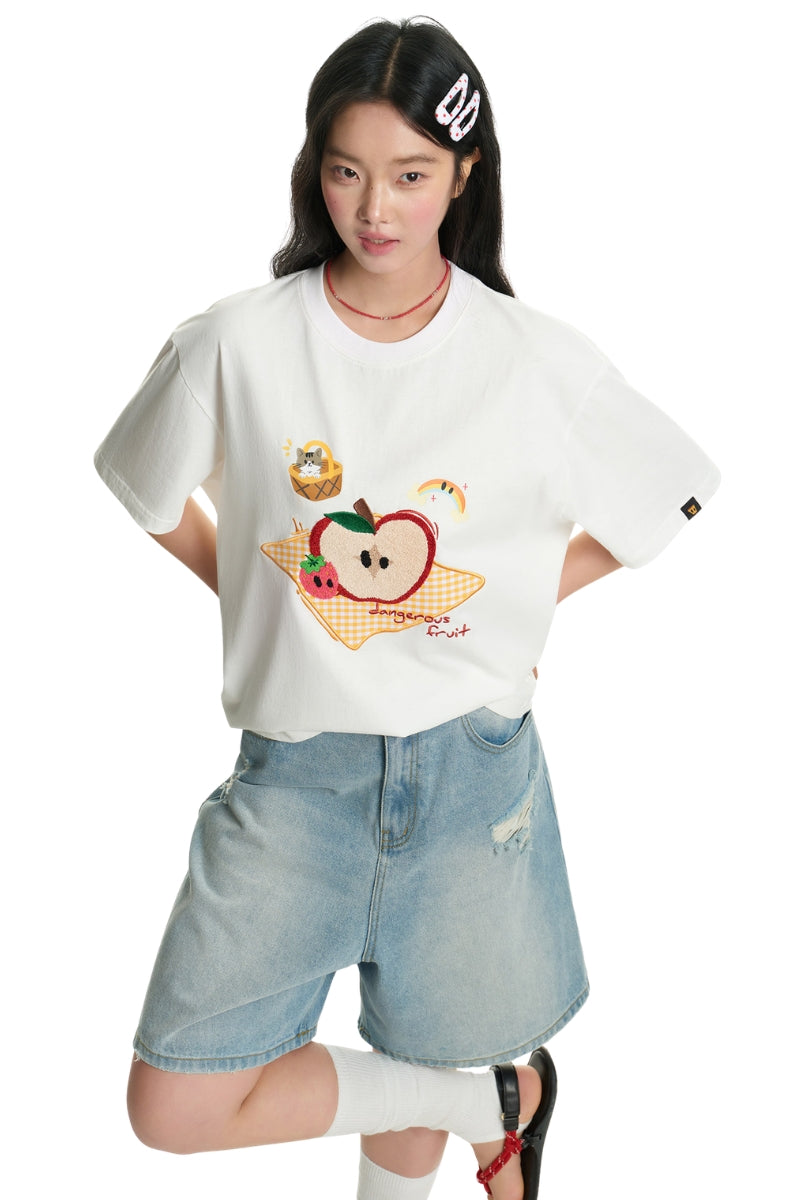 Dangerouspeople DSP Fun Picnic Fruit Patch Towel‑Embroidery Crewneck Tee