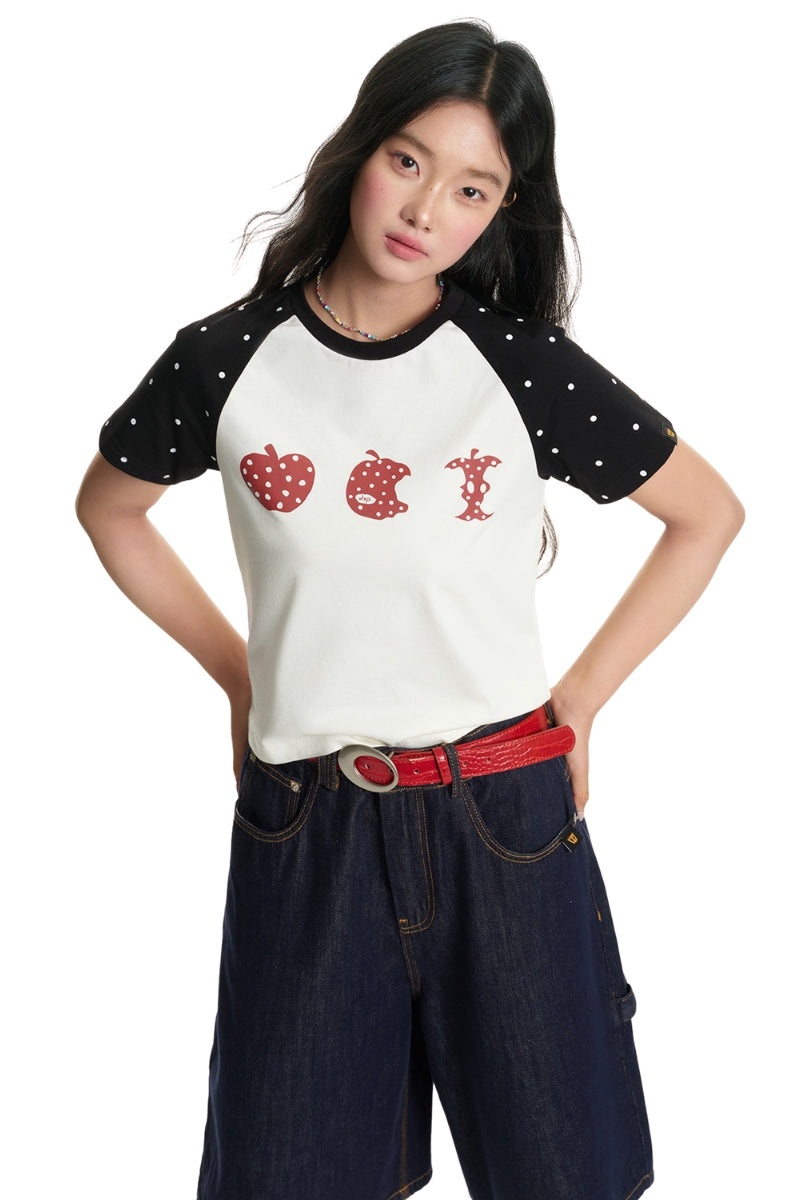 Dangerouspeople DSP Cute Polka‑Dot Apple Raglan Sleeve Sorona Short Sleeve Tee