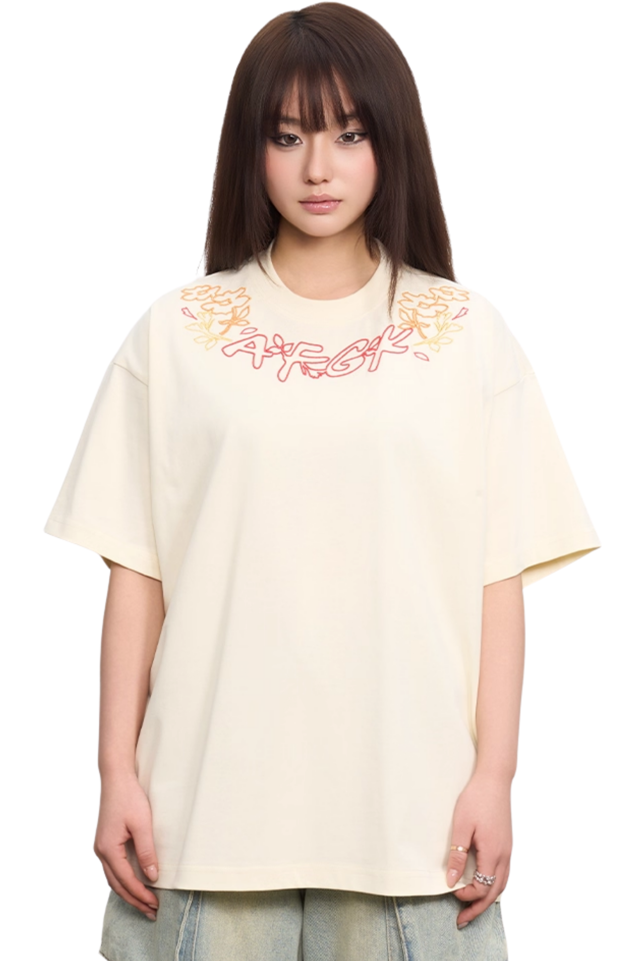 AFGK Collar Edge Floral Embroidery Tee
