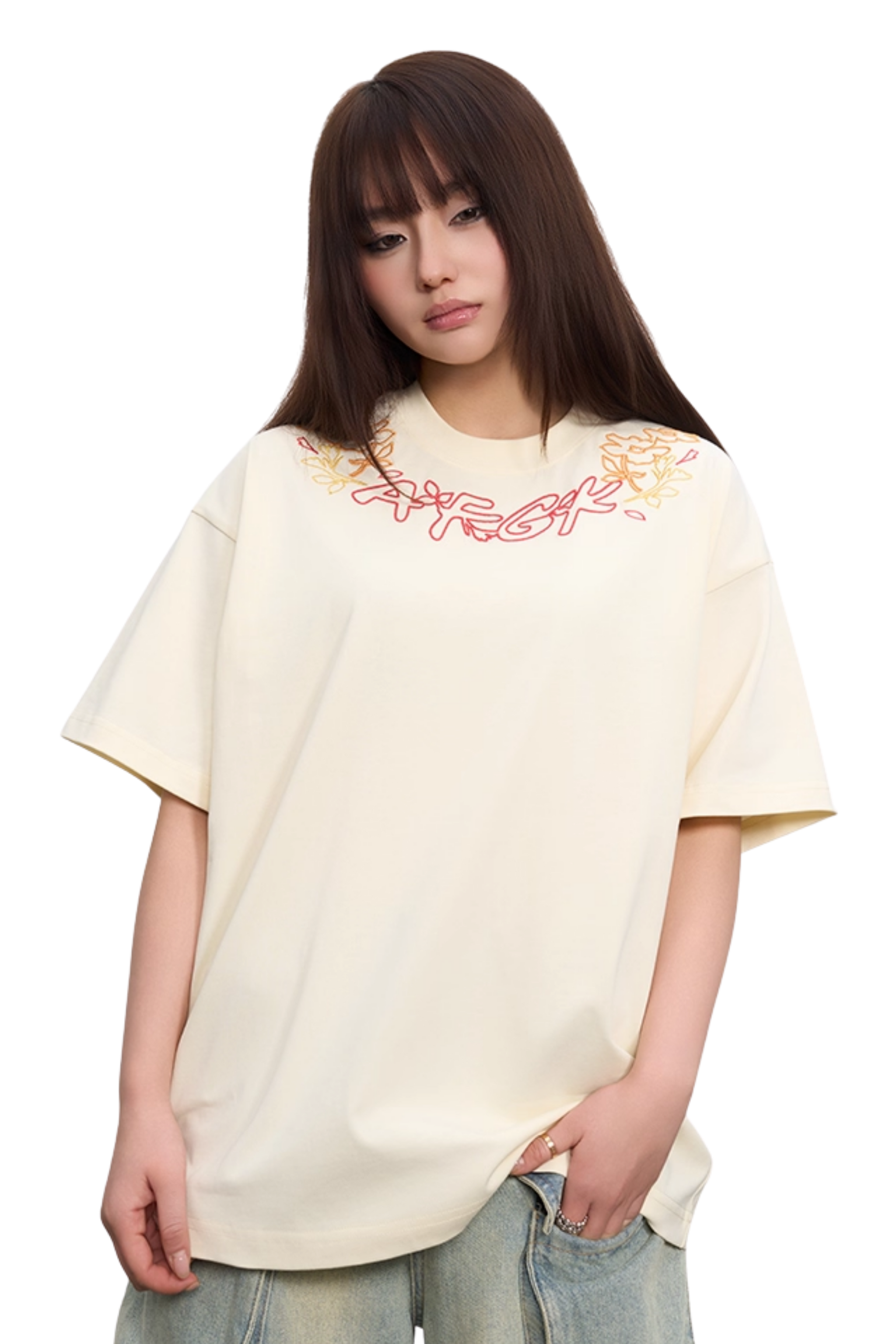 AFGK Collar Edge Floral Embroidery Tee