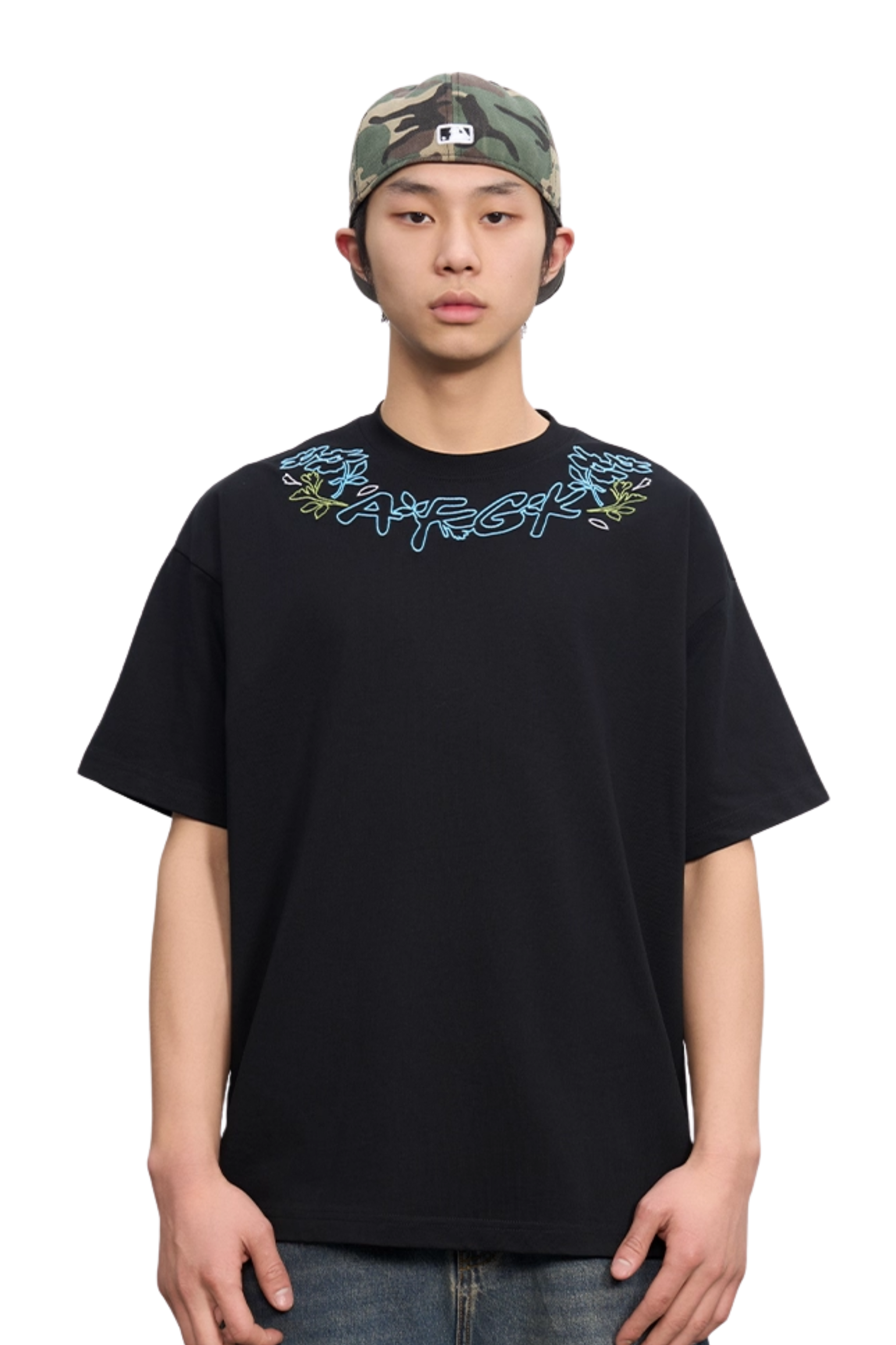 AFGK Collar Edge Floral Embroidery Tee