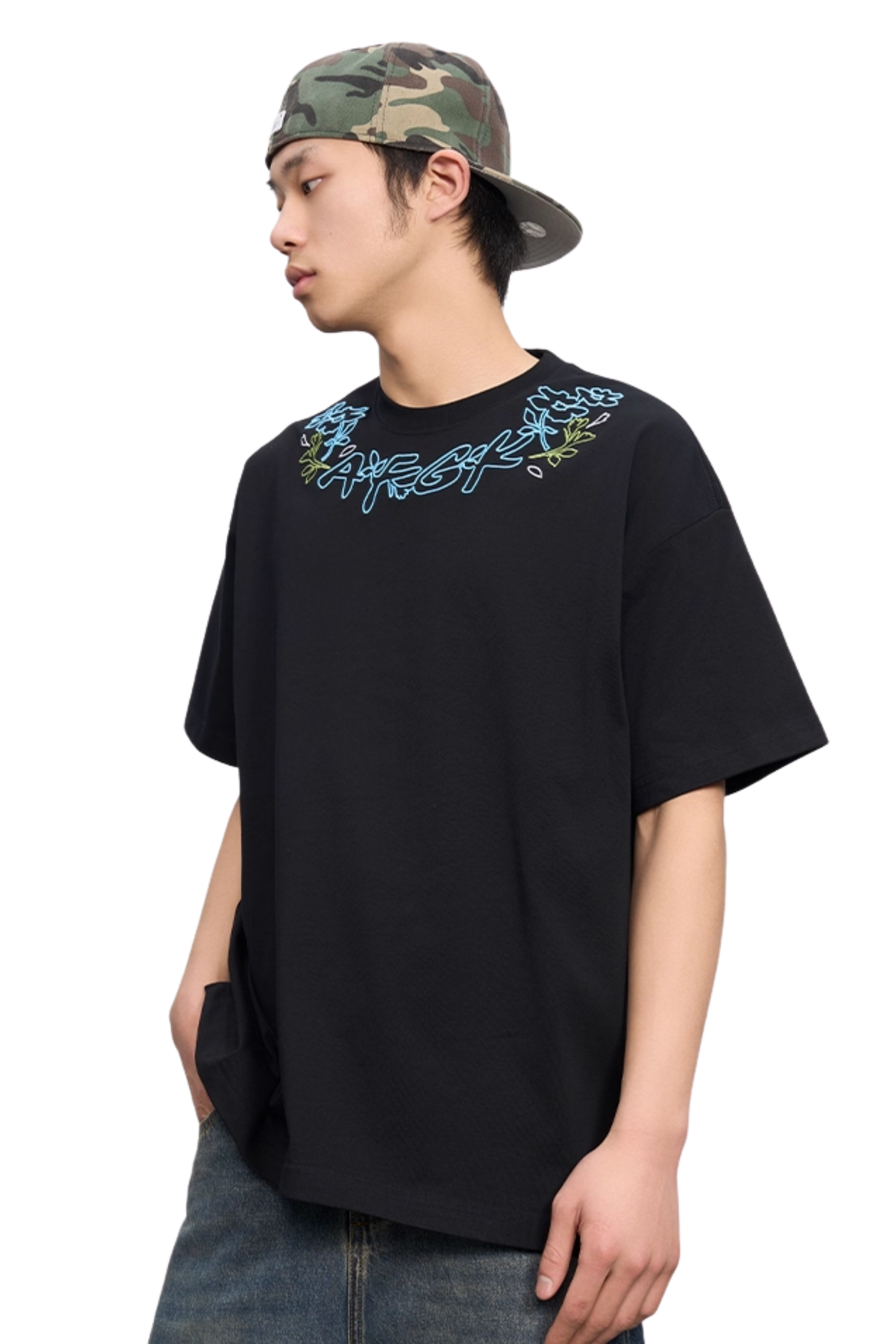 AFGK Collar Edge Floral Embroidery Tee