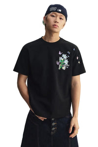 MEDM 3D Butterfly Magnolia Embroidered Oversized Couple Crew Neck T-Shirt