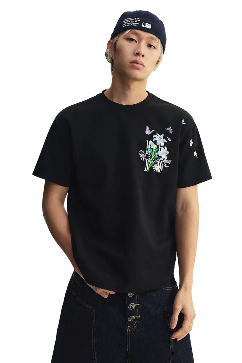 MEDM 3D Butterfly Magnolia Embroidered Oversized Couple Crew Neck T-Shirt