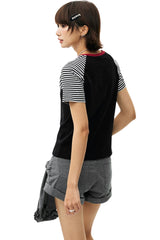 MEDM Stripe Raglan Embroidered Logo Loose T-shirt Women