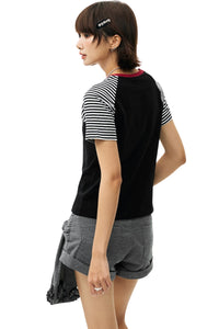 MEDM Stripe Raglan Embroidered Logo Loose T-shirt Women