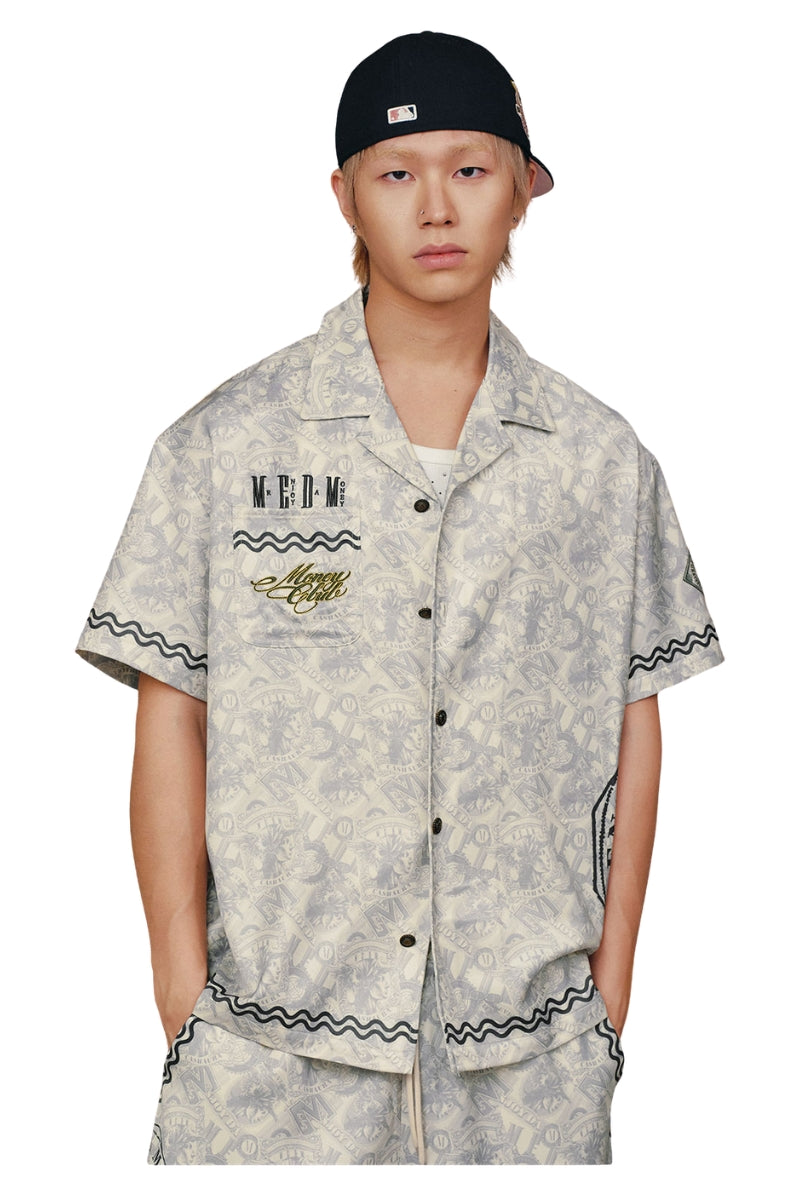 MEDM All Over Dollar Print Cuban Collar Embroidered Shirt