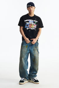 MEDM All Over Print Star Letter Embroidery T-shirt, Loose Crew Neck Couple Tee