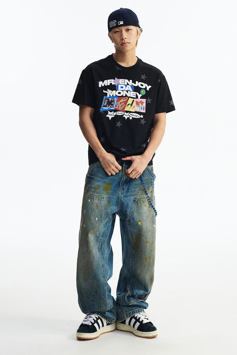 MEDM All Over Print Star Letter Embroidery T-shirt, Loose Crew Neck Couple Tee