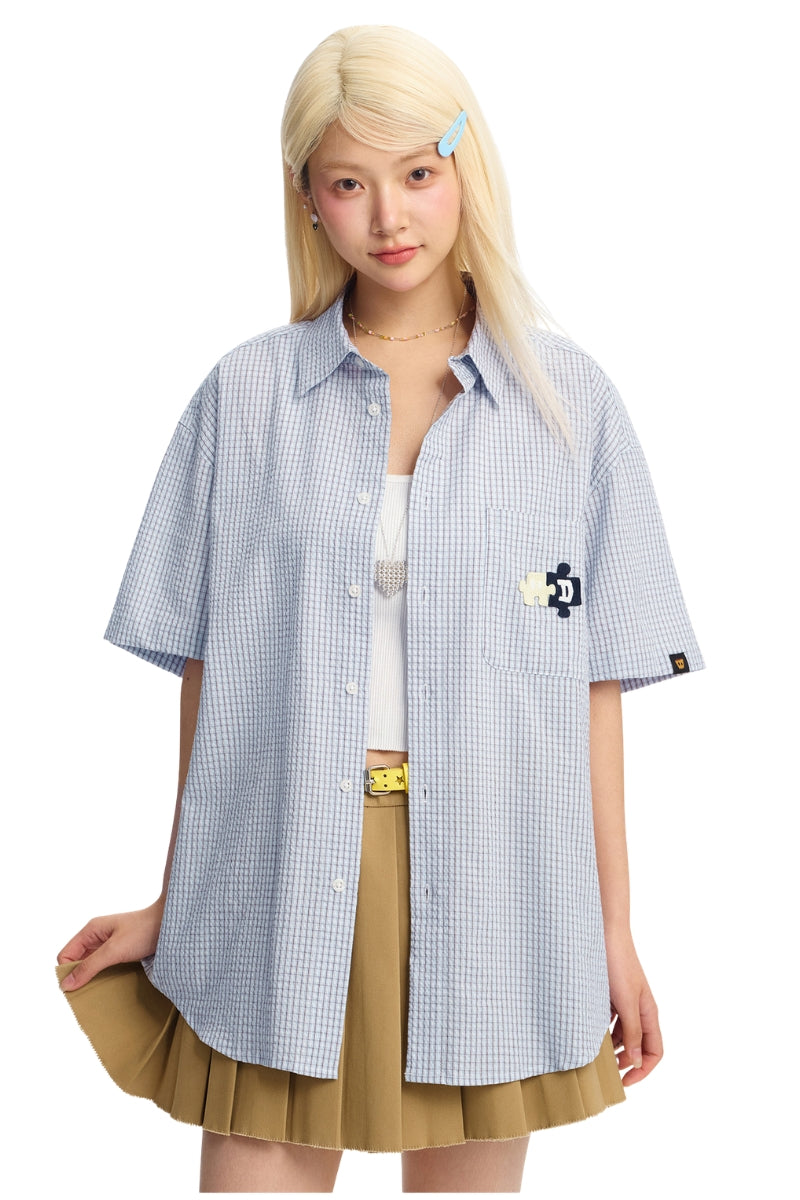 Dangerouspeople DSP｜Puzzle Patch Gingham Drop‑Shoulder Short Sleeve Shirt
