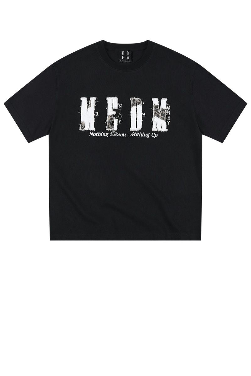 MEDM Contrast Patch Embroidered Logo Oversized Couple Crew Neck Short Sleeve T-Shirt