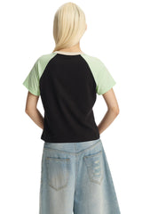 DangerousPeople｜Fun Letter Print Color‑Block Raglan Cotton T‑Shirt