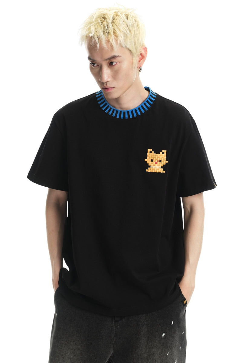 DangerousPeople DSP｜Striped Color Block Cat Embroidery Loose Short Sleeve Tee