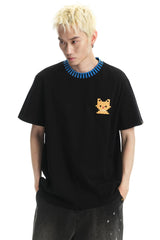 DangerousPeople DSP｜Striped Color Block Cat Embroidery Loose Short Sleeve Tee