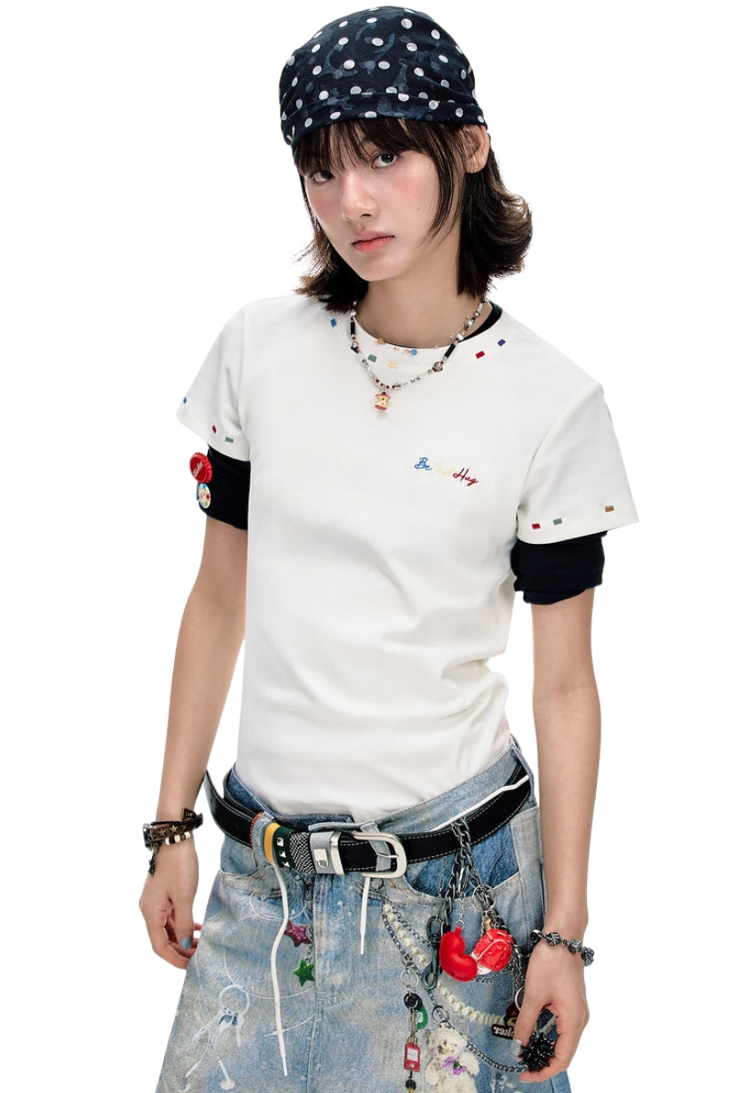 BJHG Women Colorful‑Embroidery Knitted Short‑Sleeve Tee, Set‑in‑Shoulder Slim‑Fit Top