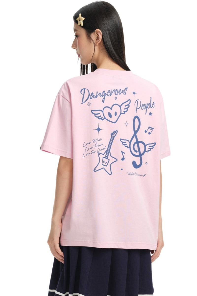 Dangerouspeople DSP Embroidered Small‑D Guitar Sorona Loose Unisex T‑Shirt