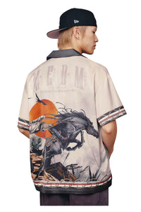 MEDM Men Western Cowboy Illustration Cuban Collar Contrast Shirt
