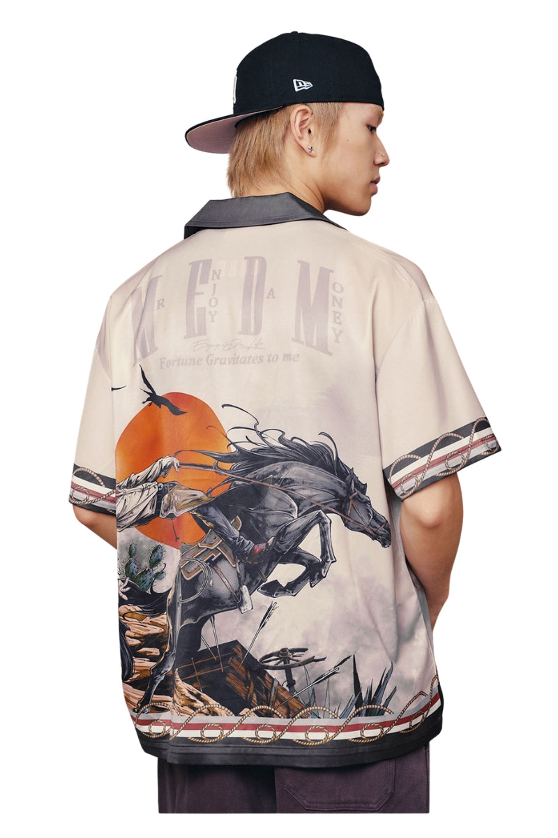 MEDM Men Western Cowboy Illustration Cuban Collar Contrast Shirt