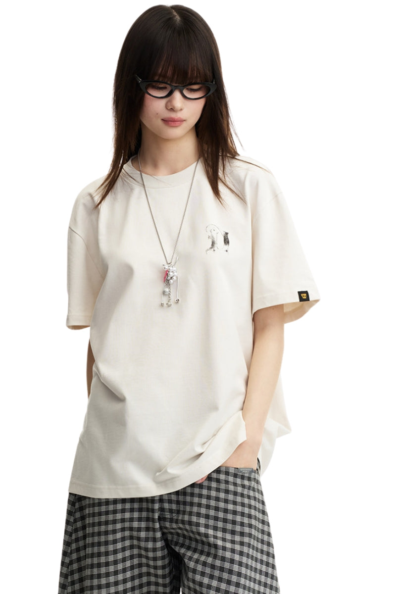 Dangerouspeople DSP Metallic D‑Letter Print T‑Shirt 100% Cotton Vintage Drop Shoulder Streetwear Tee