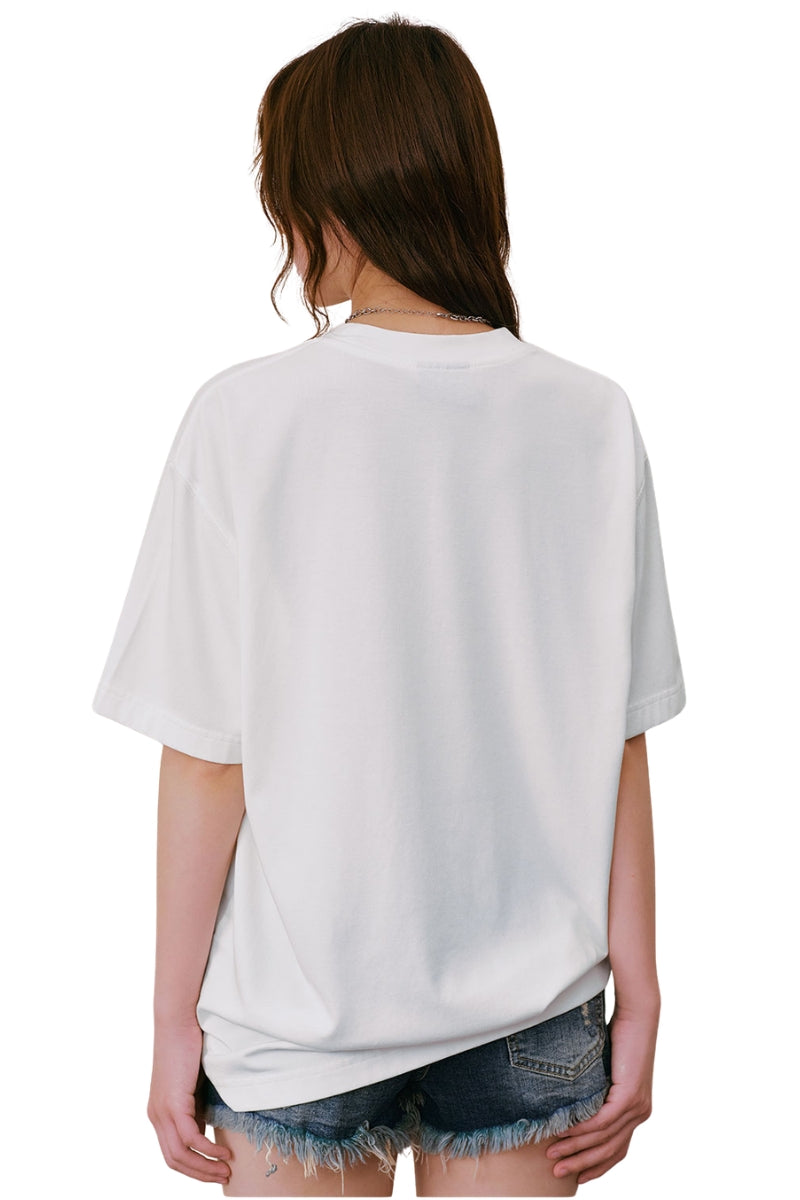 MEDM Vintage Denim Patch Rhinestone Crew Neck Tee