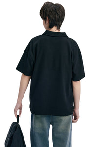 DangerousPeople DSP｜Textured Small‑Eye Graphic Boxy Fit Couple Short‑Sleeve Polo Shirt