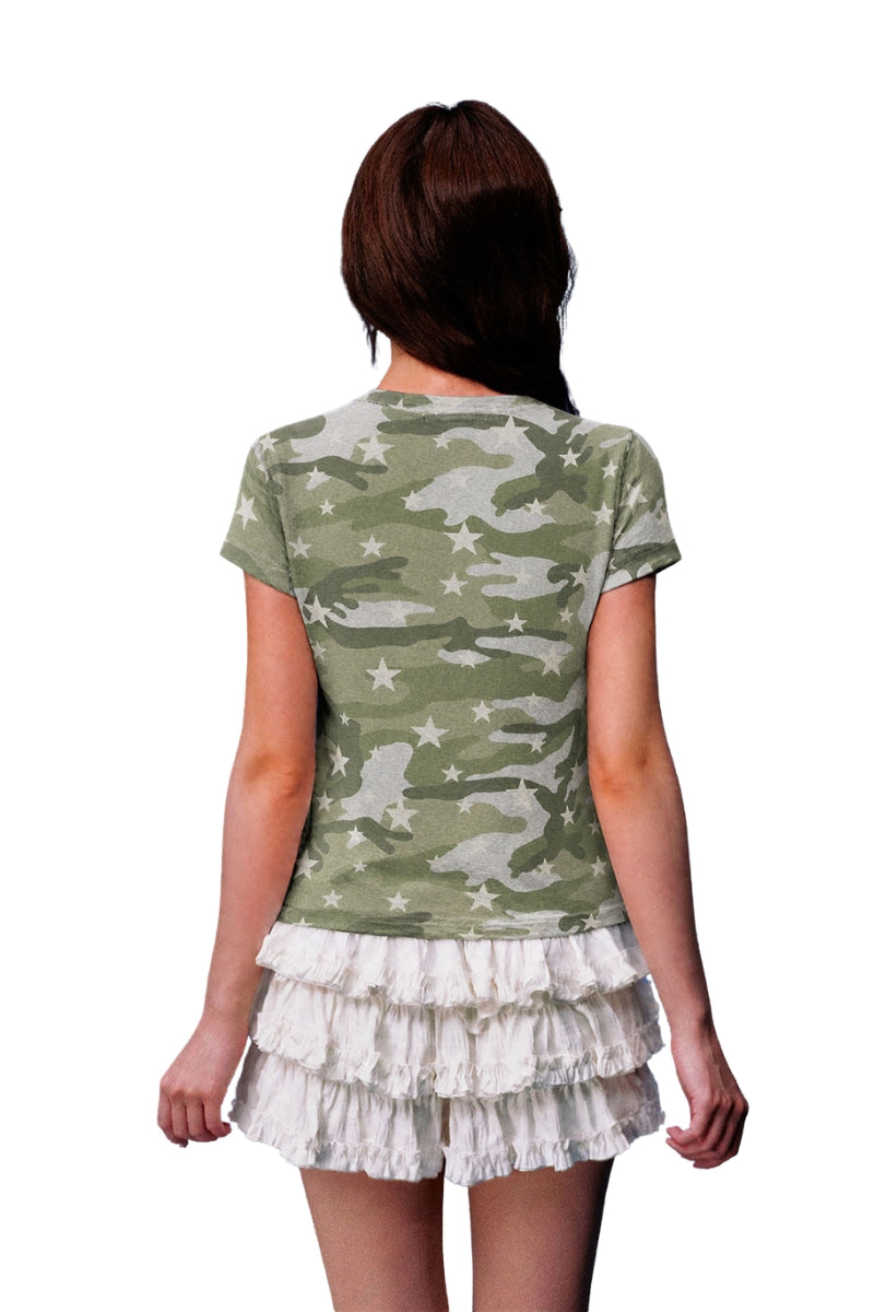 MEDM Slogan Print Camo Star All Over Print Streetwear Short Sleeve Tee