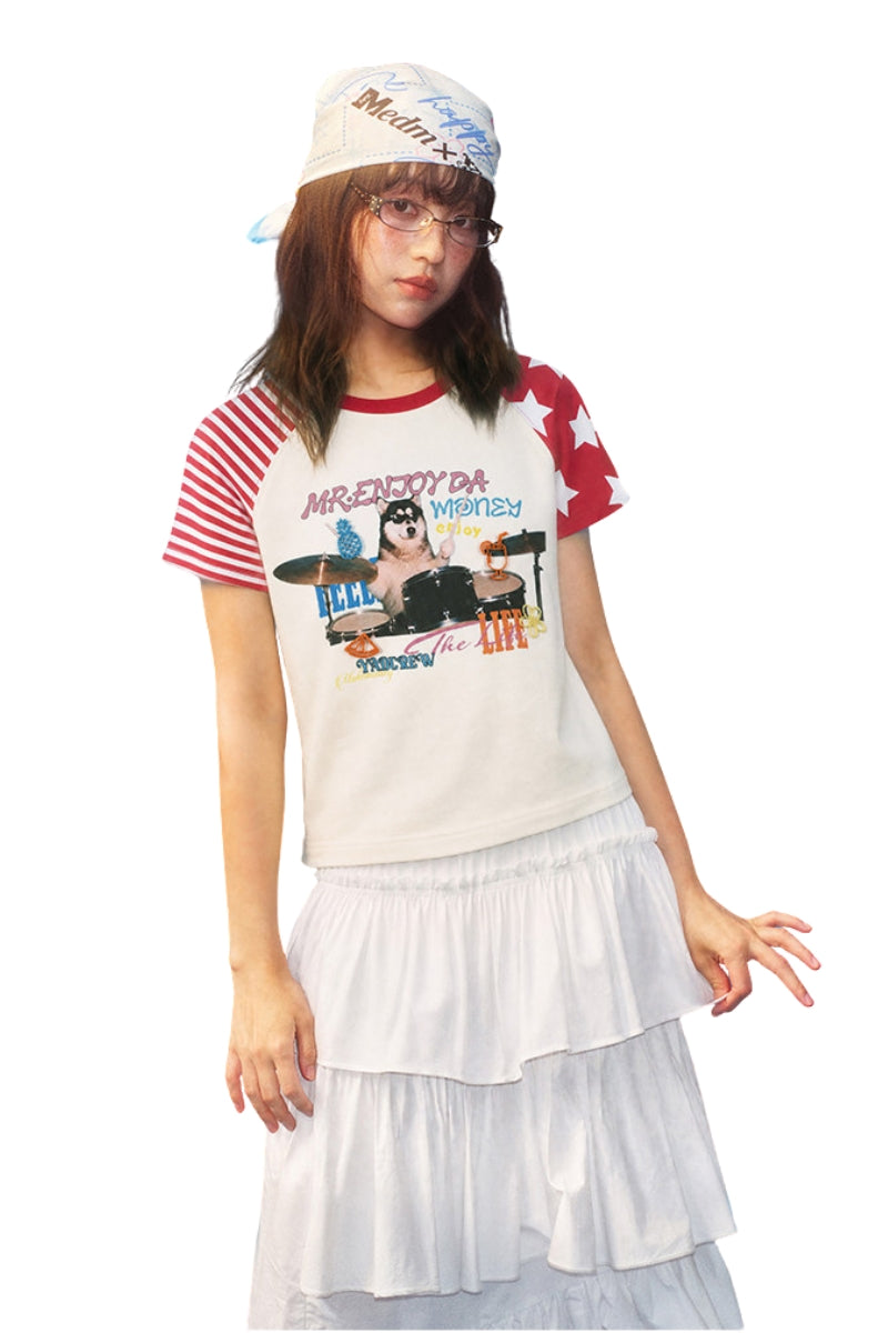 MEDM x YAD Cat & Dog Battle Print 3D Letter Raglan Women Tee