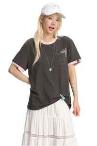 DangerousPeople DSP Color‑Block Paper‑Bag Head Pocket Loose Drop‑Shoulder Cool‑Touch T‑Shirt