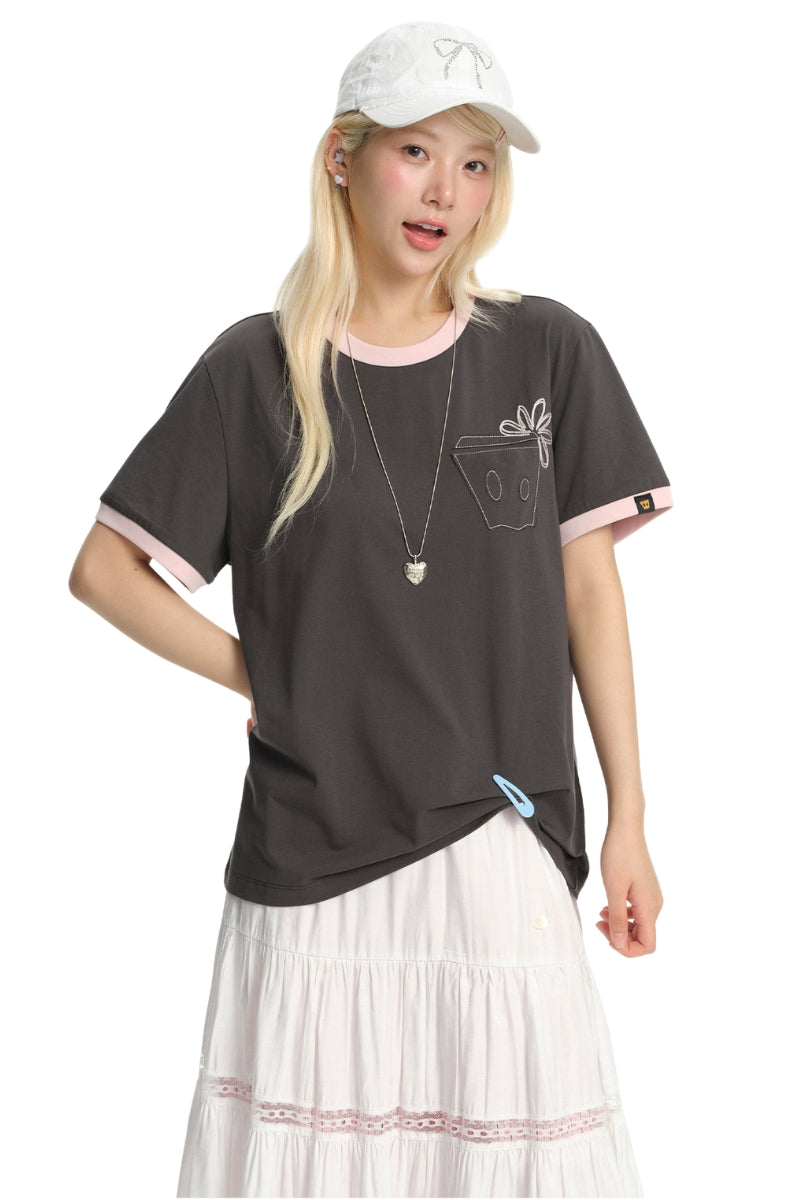 DangerousPeople DSP Color‑Block Paper‑Bag Head Pocket Loose Drop‑Shoulder Cool‑Touch T‑Shirt