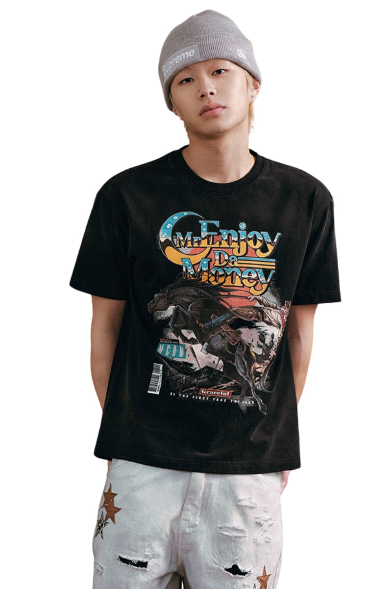 MEDM Men American Vintage Cowboy Rhinestone Print T-Shirt