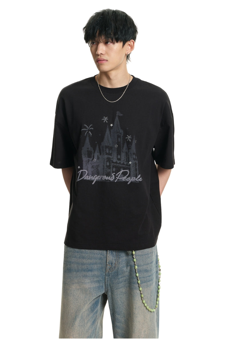Dangerouspeople DSP Small‑D Castle Firework Embroidery Loose Tee