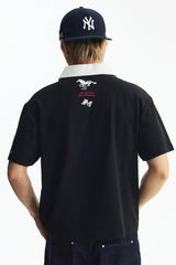 MEDM Wild Horse Embroidery Contrast Panel Loose Short Sleeve Polo Shirt
