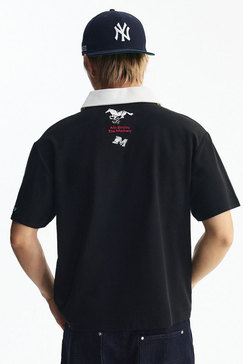MEDM Wild Horse Embroidery Contrast Panel Loose Short Sleeve Polo Shirt
