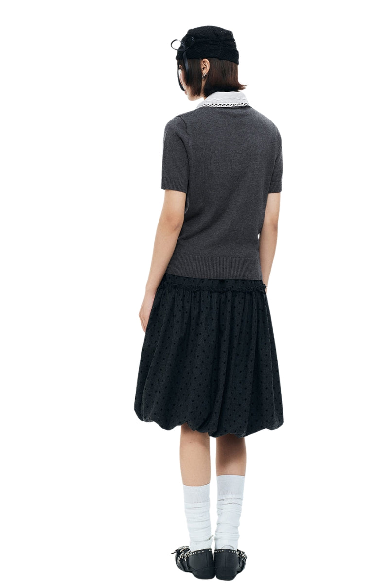 MEDM Detachable Lace Collar Knit Polo Women Summer Tee