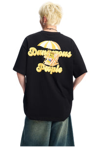 DangerousPeople｜Sunset Beach Small‑D Print Drop‑Shoulder Couple T‑Shirt