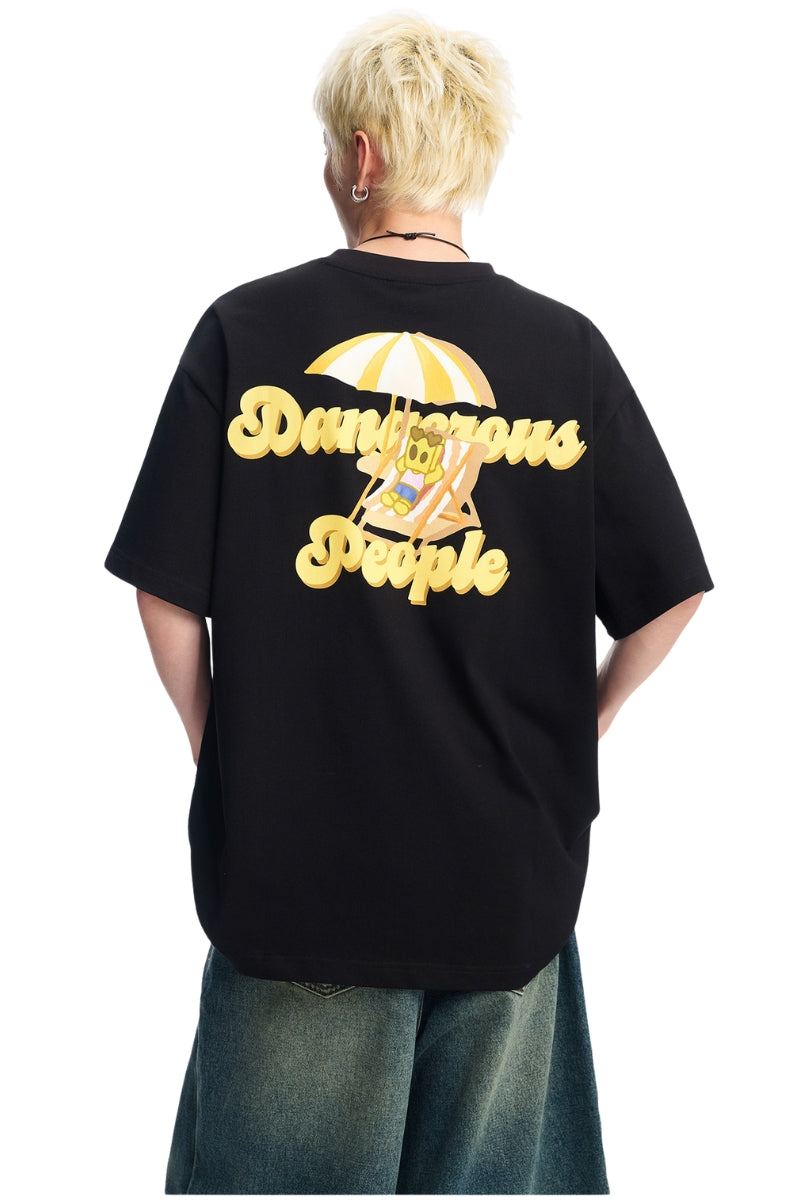 DangerousPeople｜Sunset Beach Small‑D Print Drop‑Shoulder Couple T‑Shirt