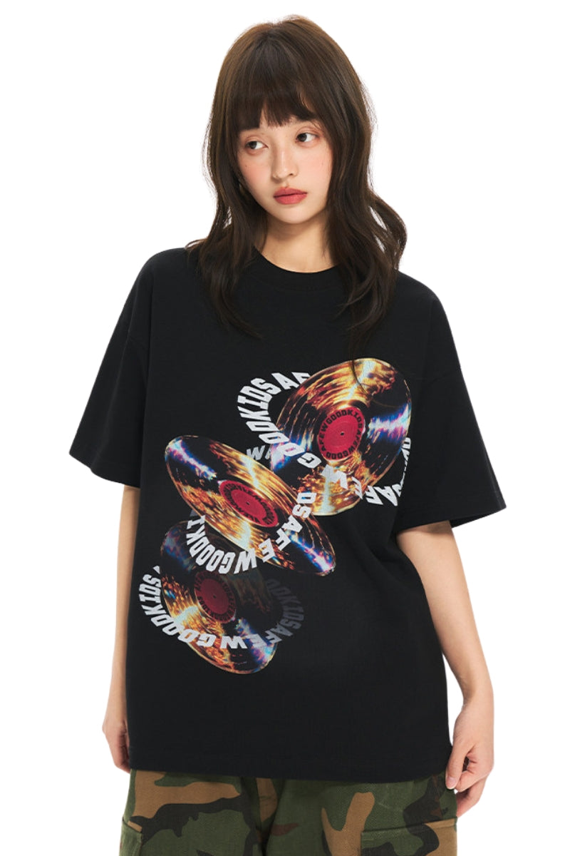 AFGK | Record Surround Logo Print Tee, American Casual Unisex T-Shirt