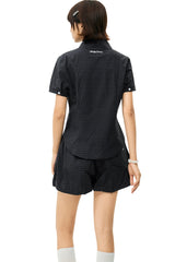 MEDM Heart Embroidery Plaid Cropped Shirt Women Slim Short Sleeve Top