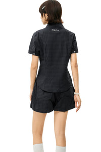 MEDM Heart Embroidery Plaid Cropped Shirt Women Slim Short Sleeve Top