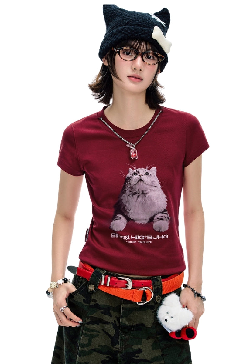 BJHG American Print True‑Shoulder Fitted Tee Women Summer Cool Quick‑Dry Streetwear Top