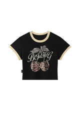 BJHG Retro Cropped T‑Shirt, American Style Leopard Cherry Graphic Women Summer Top