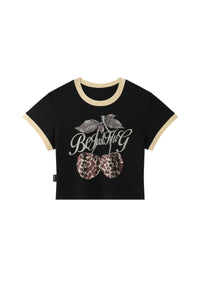BJHG Retro Cropped T‑Shirt, American Style Leopard Cherry Graphic Women Summer Top
