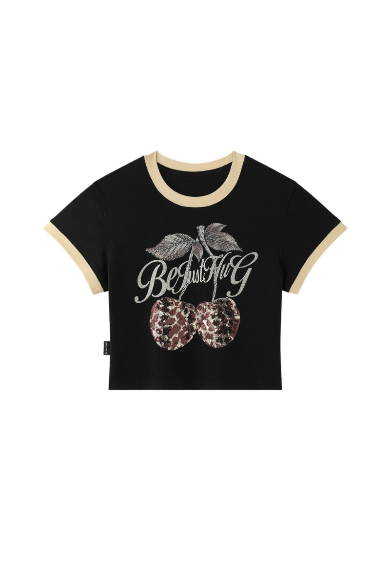 BJHG Retro Cropped T‑Shirt, American Style Leopard Cherry Graphic Women Summer Top