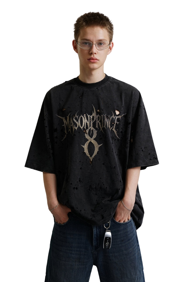 MASONPRINCE Vintage Random Burnout Gothic No.8 Print T-Shirt