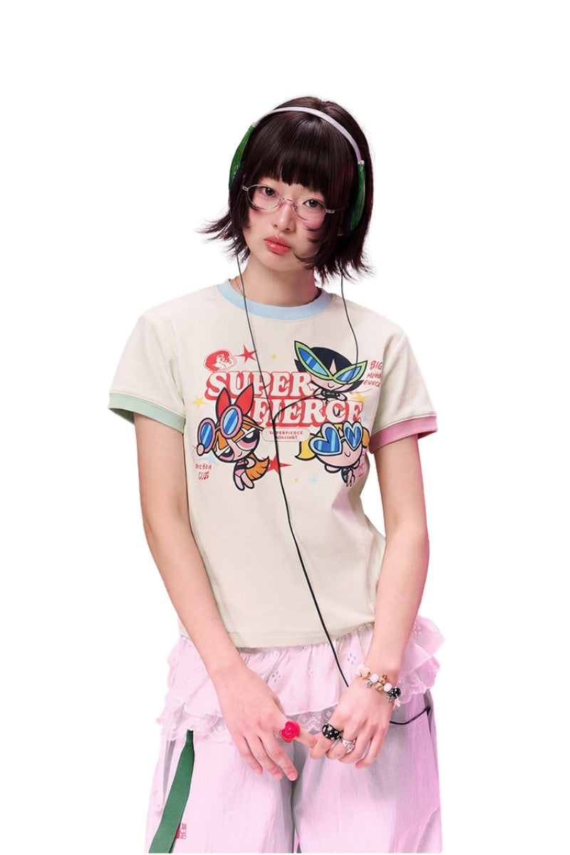 BJHG X Powerpuff Girls Women Fitted Short‑Sleeve T‑Shirt Summer Streetwear Top