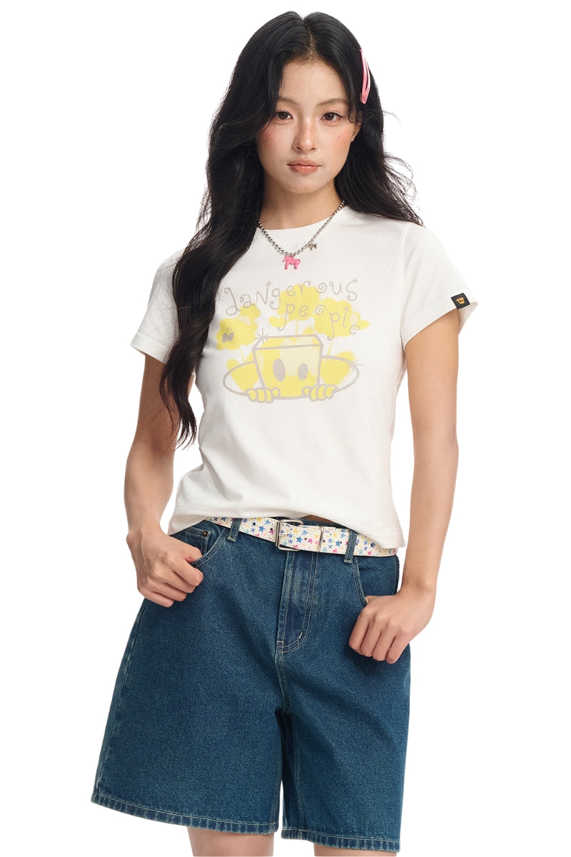 DangerousPeople DSP Glitter Mini‑D Print Tee Slim Fit Sweet‑Cool Women T‑Shirt