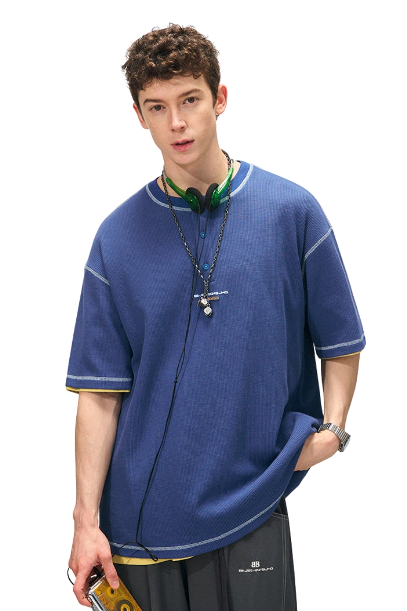 BJHG Waffle Knit Short‑Sleeve T‑Shirt American Loose Unisex Summer Tee