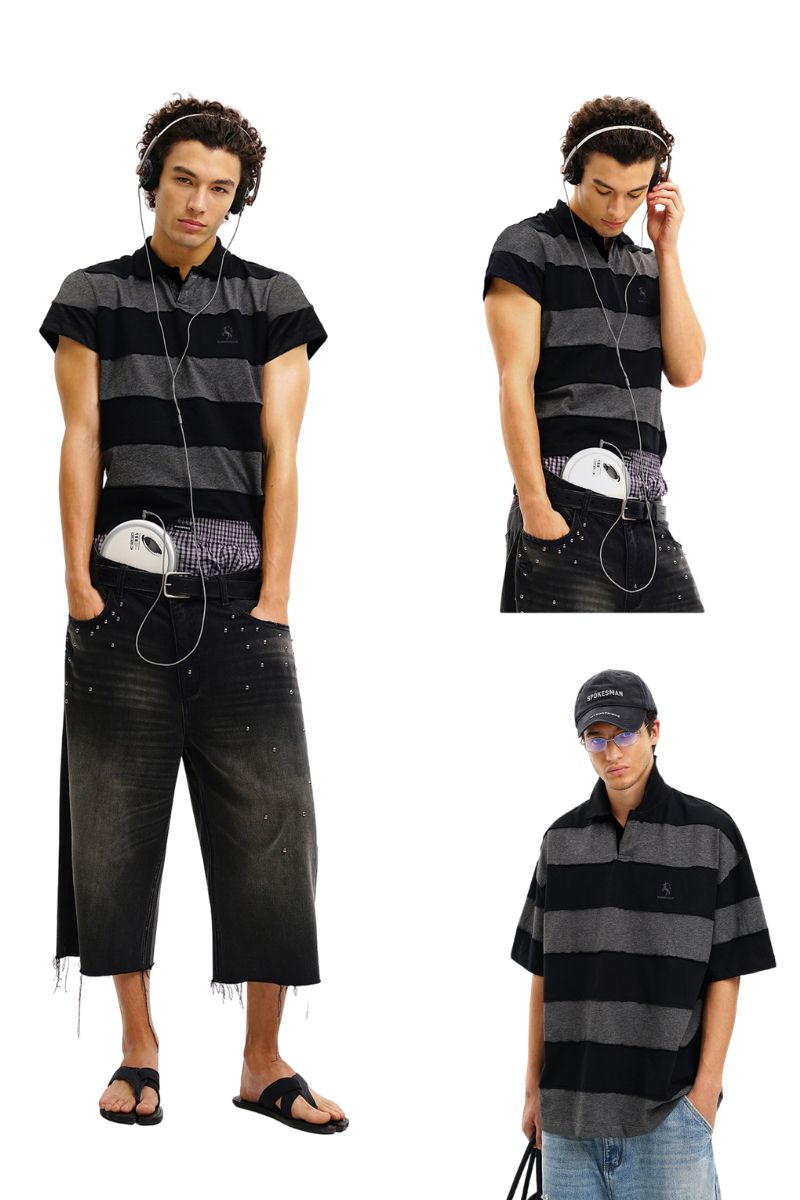 MASONPRINCE Premium 100% Cotton Black‑Grey Stripe Reissue Polo